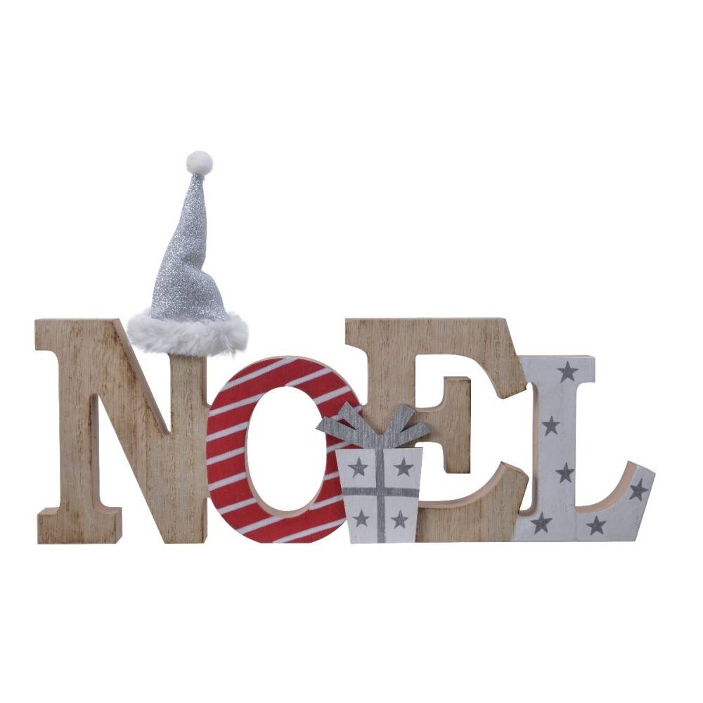 Houten letters "NOEL" versierd met een zilveren hoedje, cadeau en sterrenpatroon.