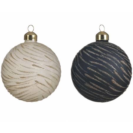 Two spherical ornaments, one cream with gold stripes, the other navy with shimmering patterns.