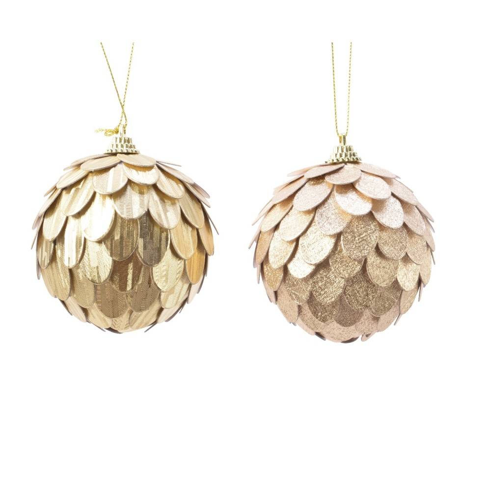Two shimmering ornaments, one with layered gold scales and the other with a glittery finish.