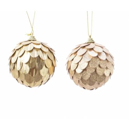 Two shimmering ornaments, one with layered gold scales and the other with a glittery finish.