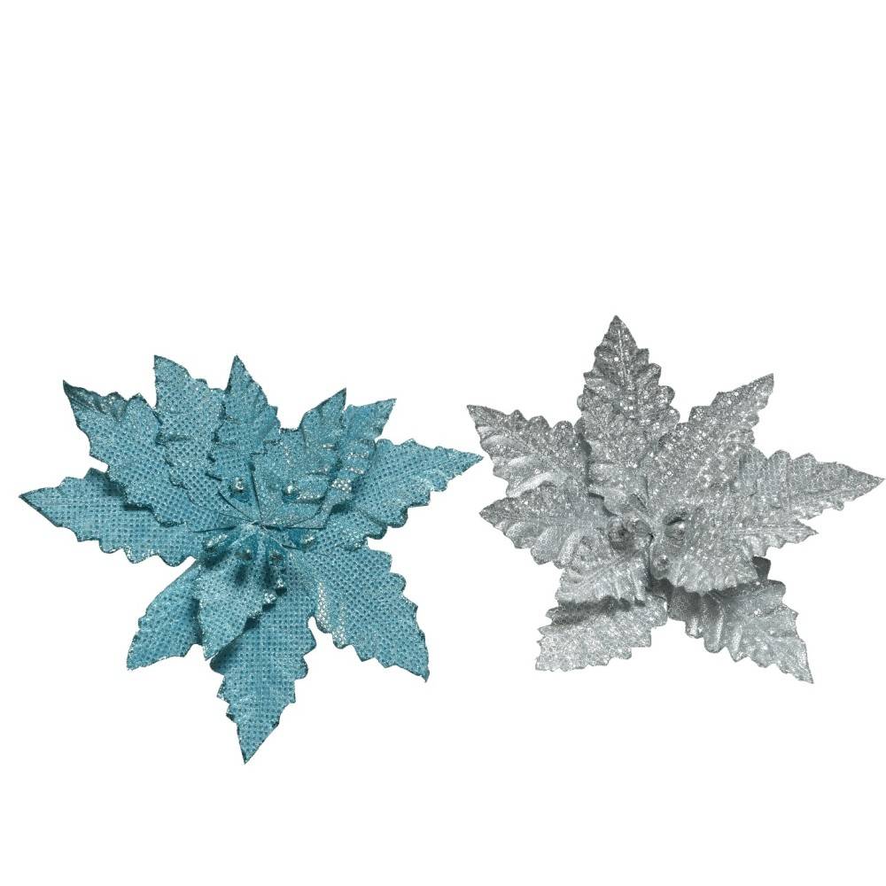Two decorative leaves, one in teal fabric and the other in silver, both textured and shimmering.