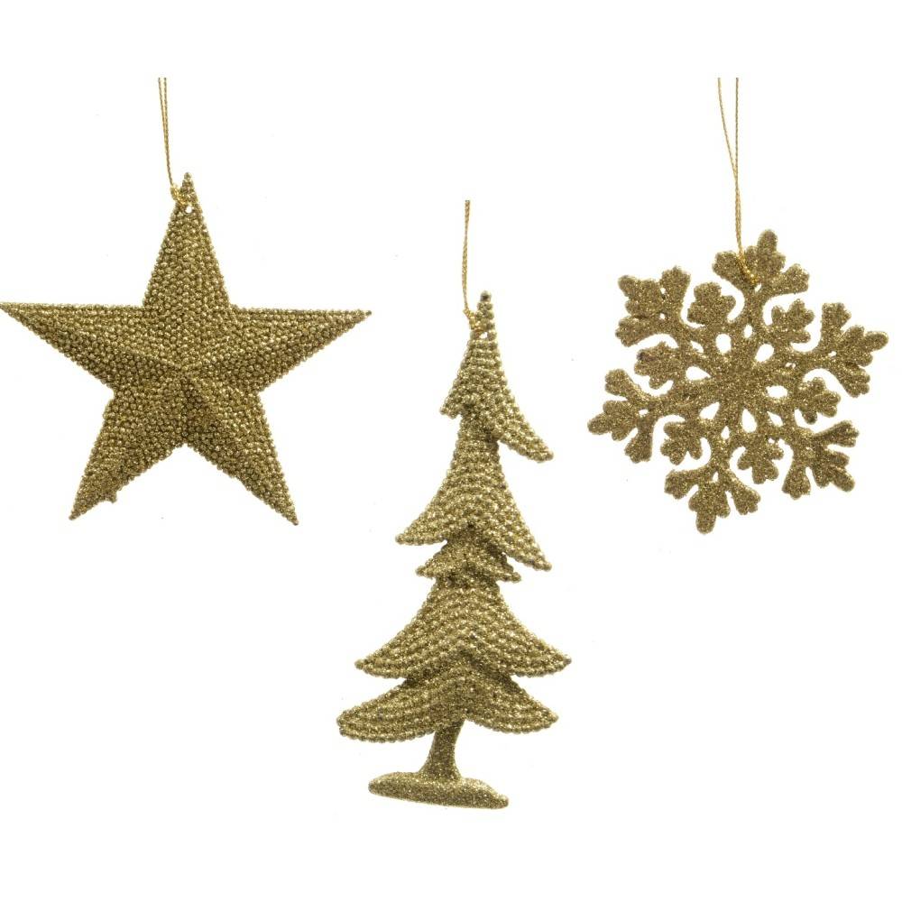 Three gold Christmas ornaments: a star, a tree, and a snowflake, all textured and shimmering.