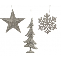 Three silver holiday ornaments: a star, a Christmas tree, and a snowflake, all textured and shimm...