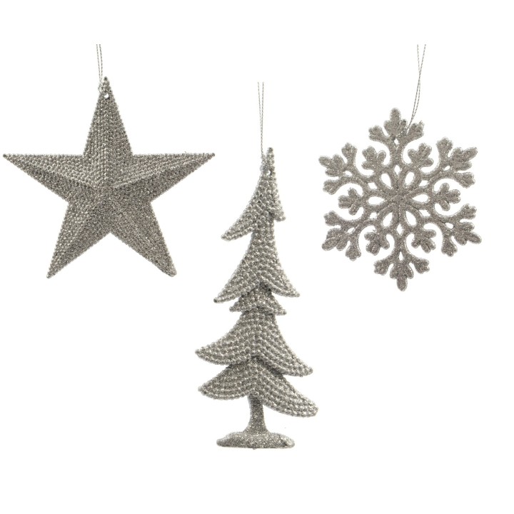 Drie kerstdecoraties: een glinsterende ster, een kerstboom en een sneeuwvlok in zilverachtige tin...
