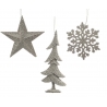 Three silver holiday ornaments: a star, a Christmas tree, and a snowflake, all textured and shimm...
