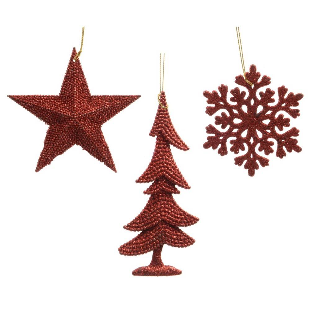 Three red holiday ornaments: a star, a tree, and a snowflake, all textured and festive.