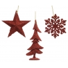 Three red holiday ornaments: a star, a tree, and a snowflake, all textured and festive.