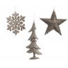 Drie glinsterende kerstdecoraties: een sneeuwvlok, ster en boom in zilverachtige tinten.