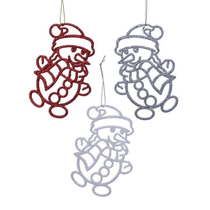 Drie glinsterende sneeuwman-figuren in rood en zilver, met vrolijke hoed en sjaal.