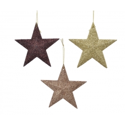 Drie sterren in verschillende metallic kleuren: brons, goud en diep paars, glinsterend en feestel...