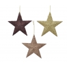 Drie sterren in verschillende metallic kleuren: brons, goud en diep paars, glinsterend en feestel...