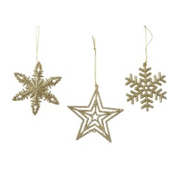 Drie gouden kerstdecoraties: een ster, een sneeuwvlok, en een gestructureerde ster, glinsterend.