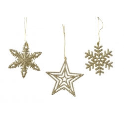 Drie gouden kerstdecoraties: een ster, een sneeuwvlok, en een gestructureerde ster, glinsterend.