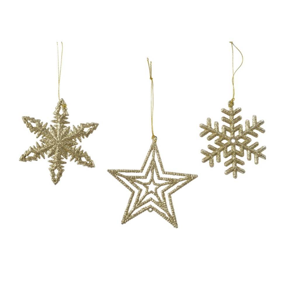Drie gouden kerstdecoraties: een ster, een sneeuwvlok, en een gestructureerde ster, glinsterend.