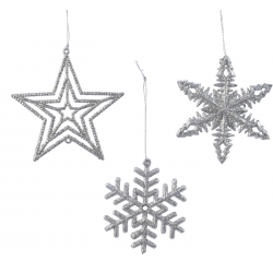 Three shimmering silver ornaments: a star and two snowflakes, all adorned with sparkles.