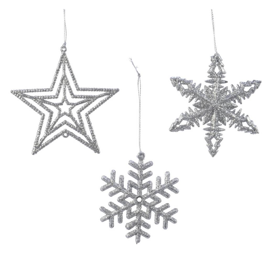 Three shimmering silver ornaments: a star and two snowflakes, all adorned with sparkles.