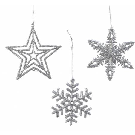 Three shimmering silver ornaments: a star and two snowflakes, all adorned with sparkles.