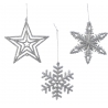 Three shimmering silver ornaments: a star and two snowflakes, all adorned with sparkles.