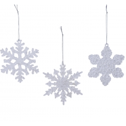 Three white, glittery snowflake ornaments hang, showcasing intricate designs and shimmering surfa...