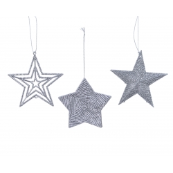 Three silver star ornaments with intricate designs and hanging loops.