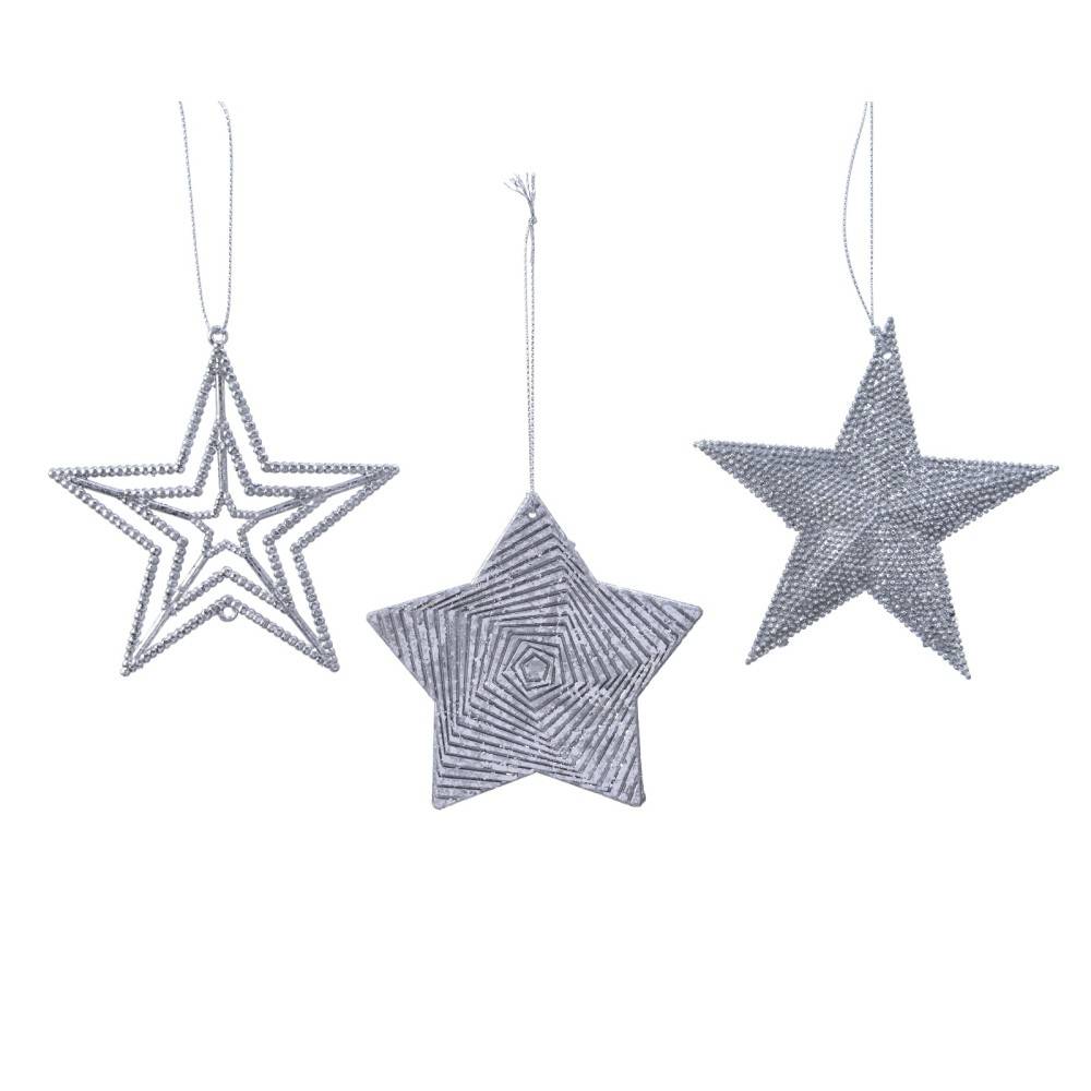 Three silver star ornaments with intricate designs and hanging loops.