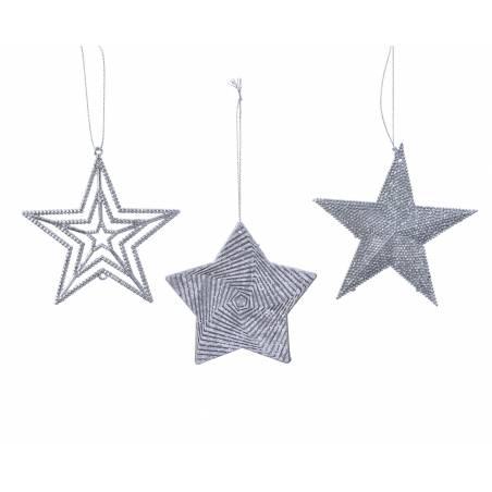 Three silver star ornaments with intricate designs and hanging loops.