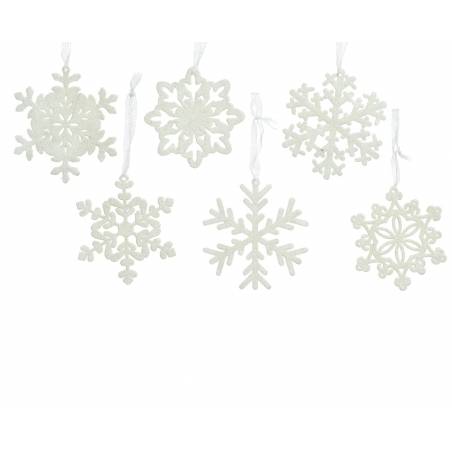 Delicate white snowflake ornaments, each with unique intricate patterns, hang on thin threads.