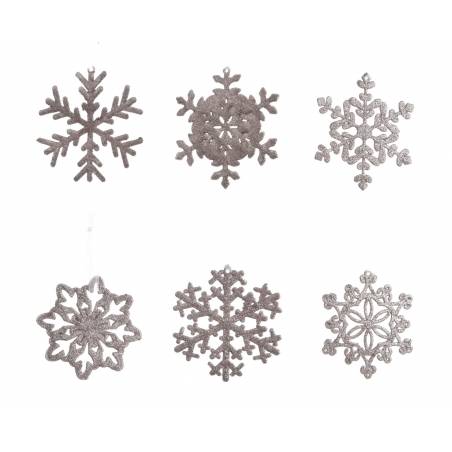 Six intricate snowflake designs in silver, featuring delicate patterns and varying shapes.