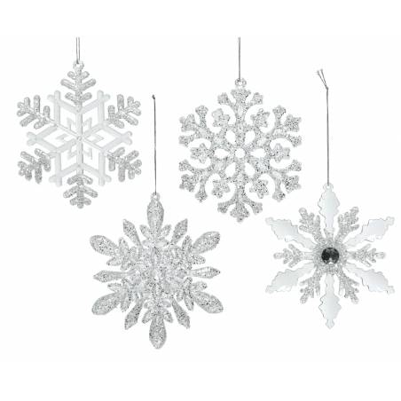 Four decorative snowflakes in white and silver, featuring intricate designs and sparkling details.