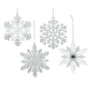 Four decorative snowflakes in white and silver, featuring intricate designs and sparkling details.