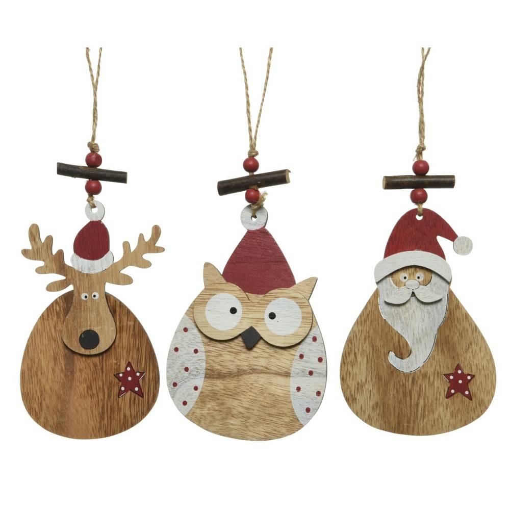 Wooden holiday ornaments depicting a reindeer, owl, and Santa, each with festive details.