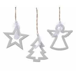 Drie witte kerstdecoraties: een ster, een boom en een engel, met een natuurlijk touwtje.