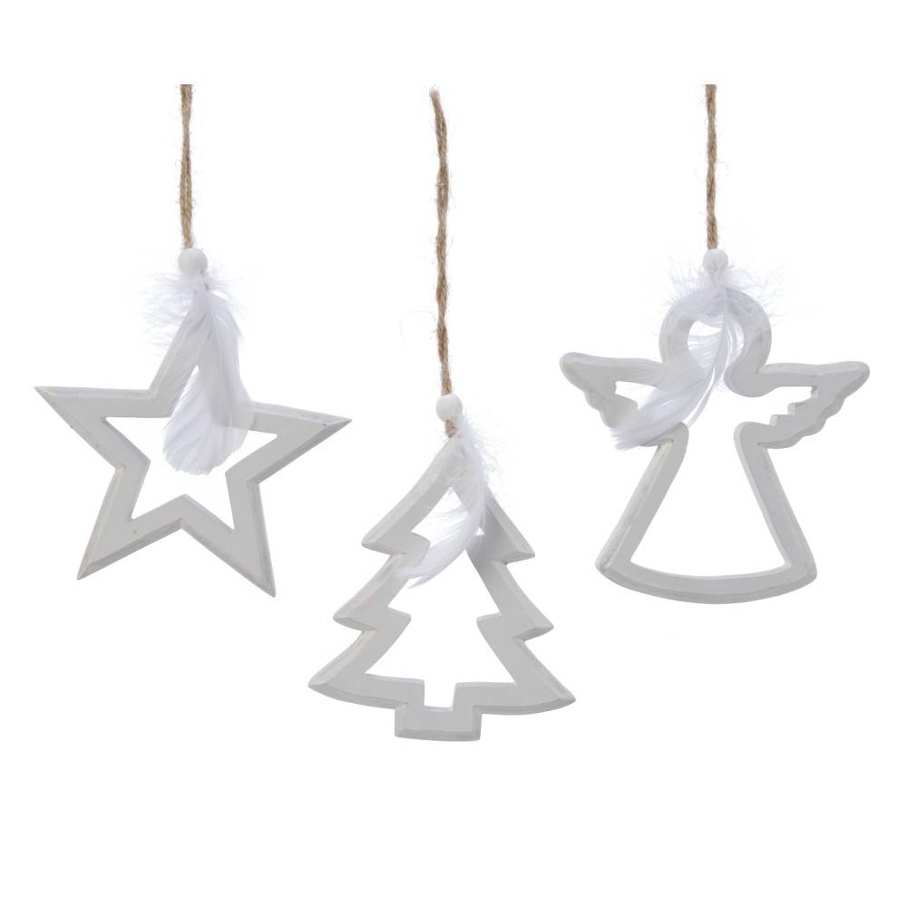Three white ornaments—star, tree, and angel—suspended with twine, accented by soft feathers.
