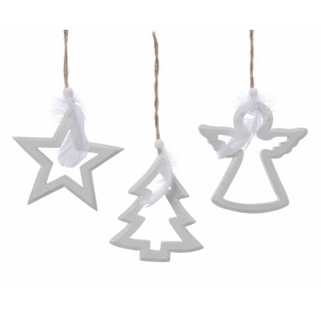 Three white ornaments—star, tree, and angel—suspended with twine, accented by soft feathers.