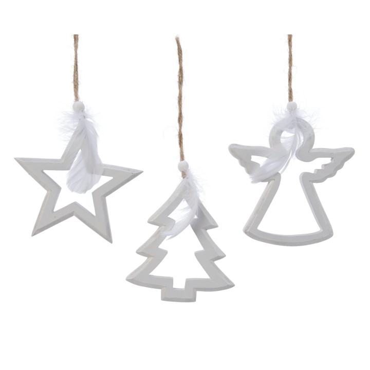 Drie witte kerstdecoraties: een ster, een boom en een engel, met een natuurlijk touwtje.