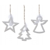 Three white ornaments—star, tree, and angel—suspended with twine, accented by soft feathers.
