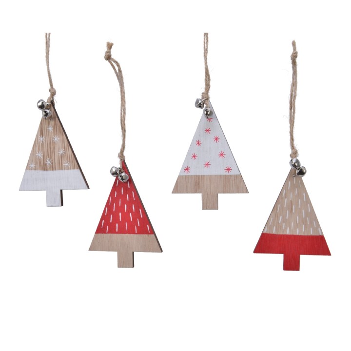 Vier houten kerstboomdecoraties in verschillende kleuren met touw en belletjes.