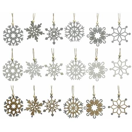 A collection of decorative snowflake ornaments in silver and natural wood tones.