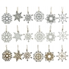 A collection of decorative snowflake ornaments in silver and natural wood tones.