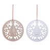 Two circular ornaments, one wooden and one white, featuring intricate tree and leaf cutouts.