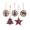 Wooden ornaments with black silhouettes of deer and trees, featuring plaid patterns.