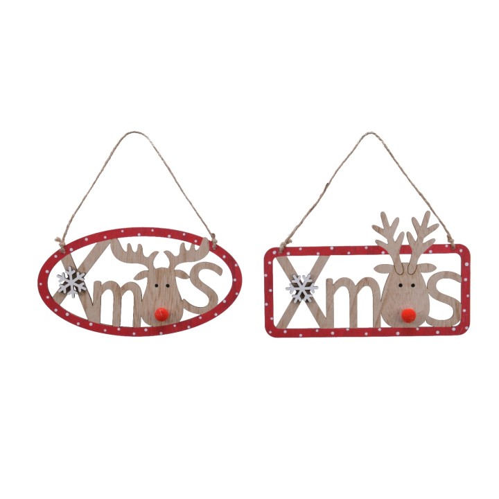 Two festive wooden signs with reindeer motifs, red accents, and playful holiday lettering.