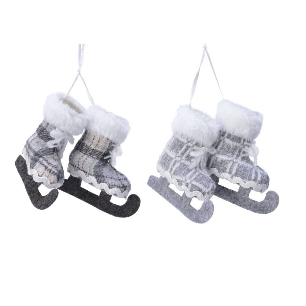 Two decorative ice skates made of gray fabric, featuring fluffy white trim and hanging on a string.