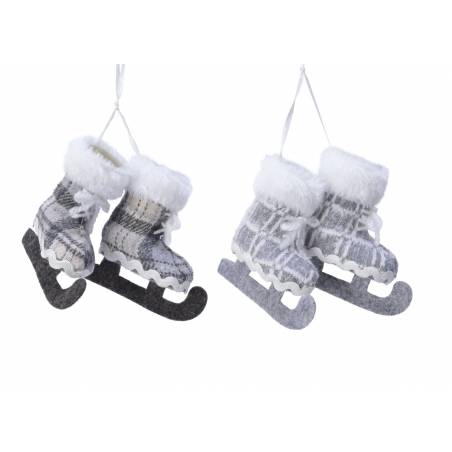 Two decorative ice skates made of gray fabric, featuring fluffy white trim and hanging on a string.