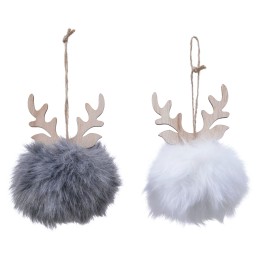 Twee schattige kerstballen van pluche met houten geweihornamenten, één grijs en één wit.