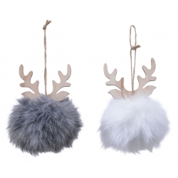 Twee schattige kerstballen van pluche met houten geweihornamenten, één grijs en één wit.
