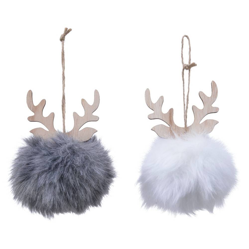 Two fluffy pom-poms, one gray and one white, each topped with wooden antlers.