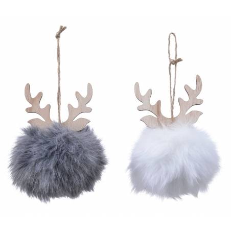 Two fluffy pom-poms, one gray and one white, each topped with wooden antlers.