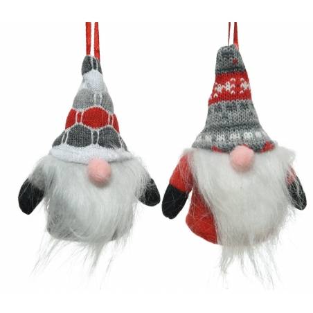 Two whimsical gnome ornaments with fluffy white beards and colorful knitted hats.