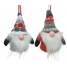 Two whimsical gnome ornaments with fluffy white beards and colorful knitted hats.